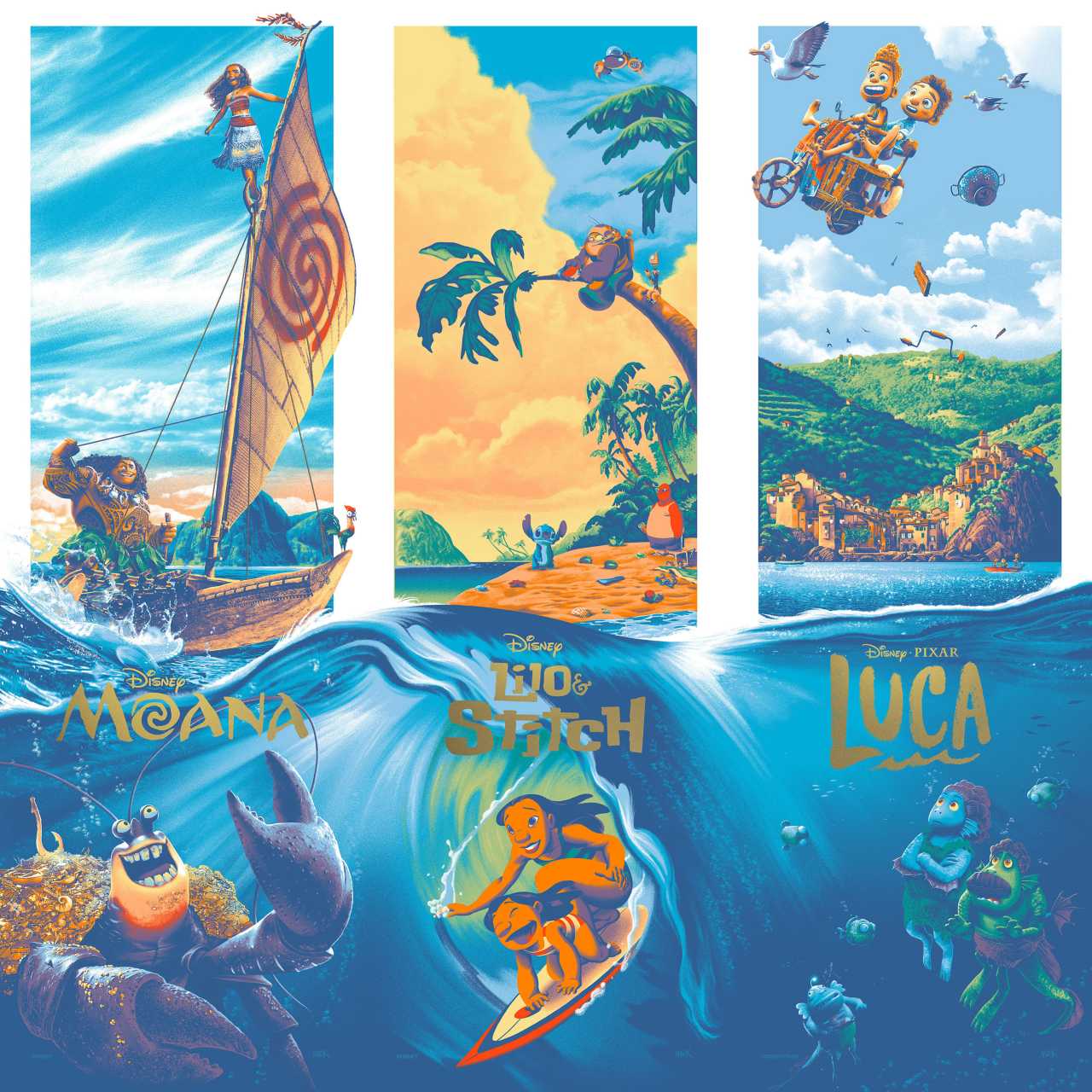 Disney Ocean Series (Moana, Lilo & Stitch, Luca) by Mark Englert – 3-Print Fine Art Set